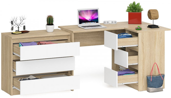 Мори Стол компьютерный МС-16 правый + Комод МК800.1, цвет дуб сонома/белый, ШхГхВ 204,8х84,9х76,6 см., выдвижные ящики справа, НЕ универсальная сборка