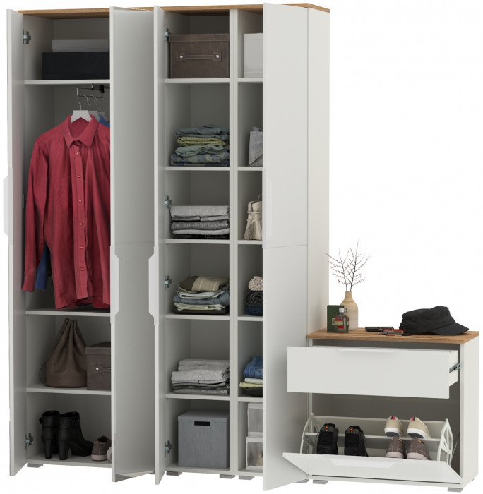 Октава Прихожая 28, цвет белый шагрень/дуб крафт золотой/фасады МДФ белый шагрень, ШхГхВ 193,7х35,4х197,6 см., универсальная сборка