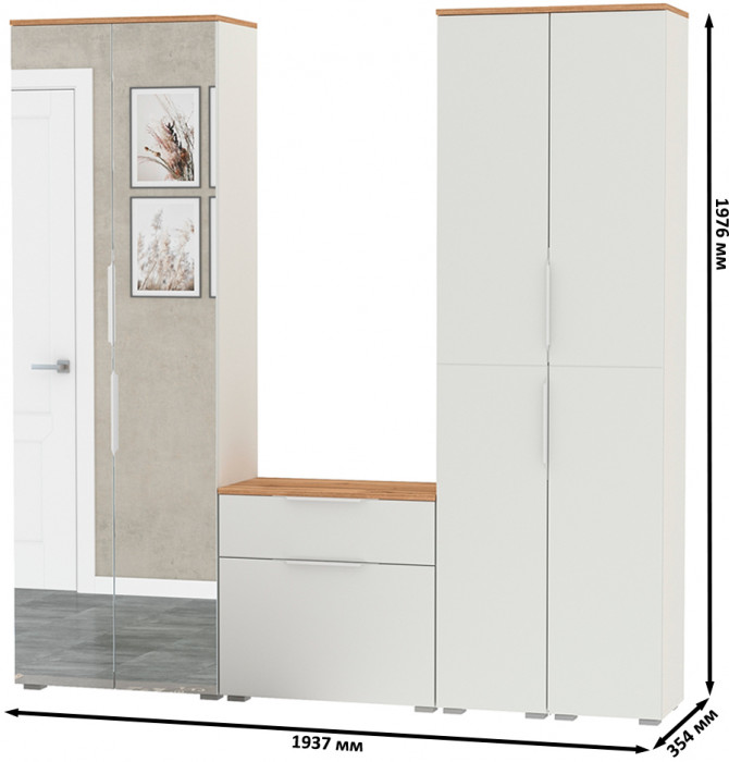 Октава Прихожая 28, цвет белый шагрень/дуб крафт золотой/фасады МДФ белый шагрень, ШхГхВ 193,7х35,4х197,6 см., универсальная сборка