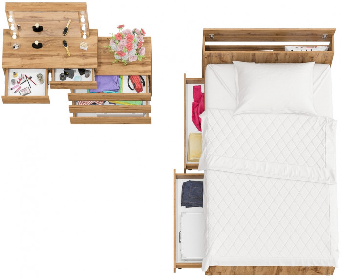 Ксения Кровать с ящиками 1200 + Стол косметический с подсветкой 110, дуб вотан