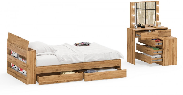 Ксения Кровать с ящиками 1200 + Стол косметический с подсветкой 110, дуб вотан