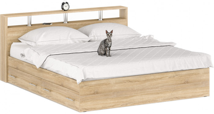 Камелия Кровать с ящиками 1800 + две тумбы, цвет дуб сонома, ШхГхВ 296х217х78,2 см., сп.м. 1800х2000 мм., без матраса, основание есть