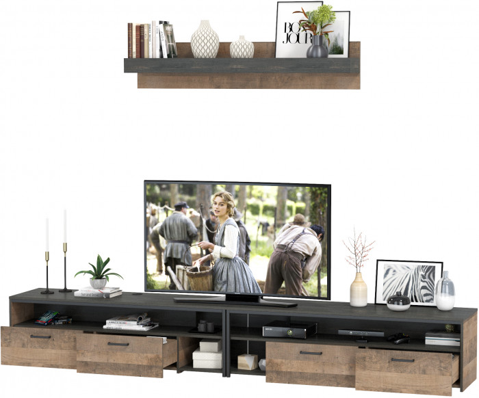 Трувор 13.70 Тумба под ТВ + 13.70 Тумба под ТВ + 15.60 Полка, цвет дуб гранж песочный/интра, ШхГхВ 299,6х45,4х195 см., универсальная сборка