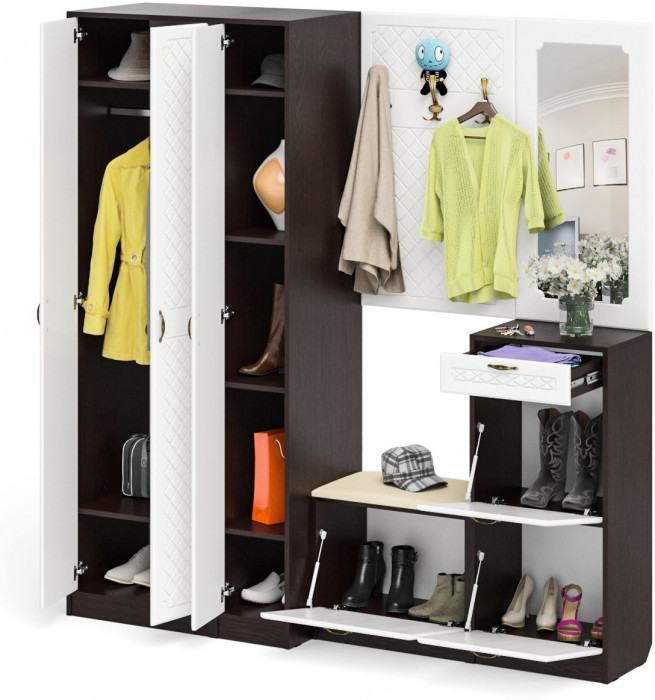 Прихожая П-6 Компоновка № 51, цвет венге/фасады МДФ белое дерево фрезеровка ромб, ШхГхВ 200х50х210 см., универсальная сборка