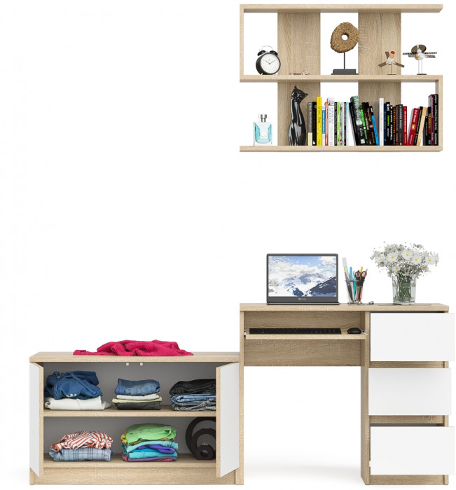 Мори Стол компьютерный МС-6 правый + Тумба МА900.1 + Полка 900, цвет дуб сонома/белый, ШхГхВ 180,4х50,4х209,6 см., НЕ универсальная сборка