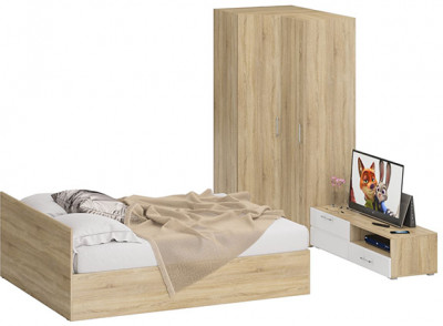 Спальня Стандарт 4-1600, дуб сонома/фасады ТВ тумбы МДФ белый глянец
