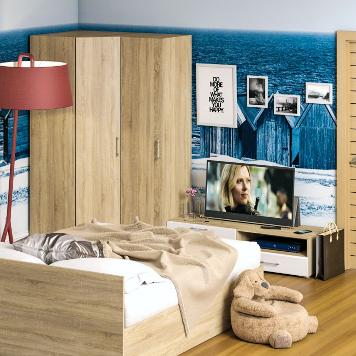 Спальня Стандарт 4-1600, дуб сонома/фасады ТВ тумбы МДФ белый глянец