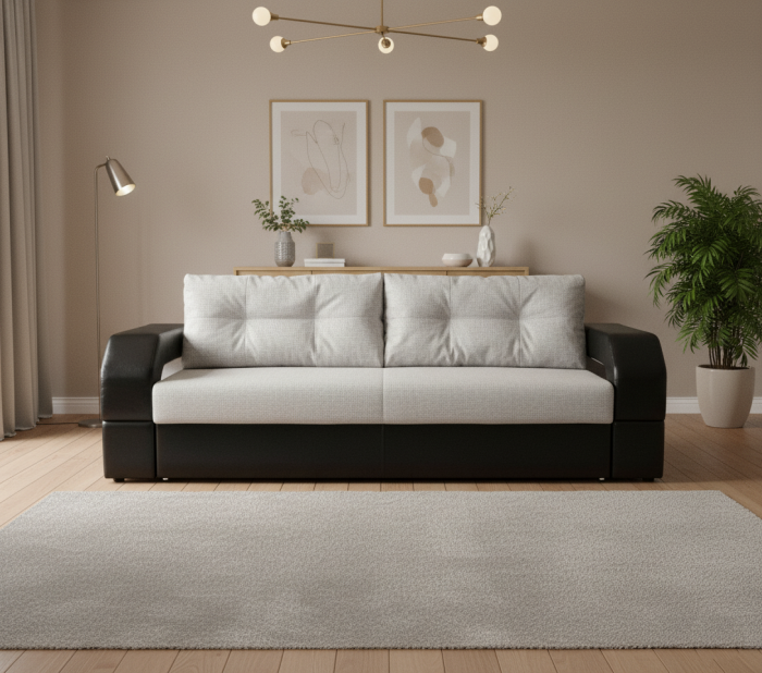 Диван-еврокнижка Манчестер, пружинный блок, 150х195,  рогожка/экокожа серый