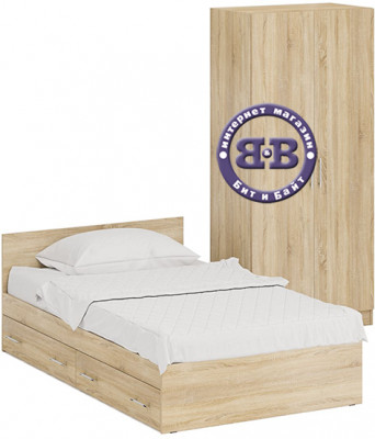 Кровать с ящиками 1200 + Шкаф 2-х створчатый Стандарт, дуб сонома