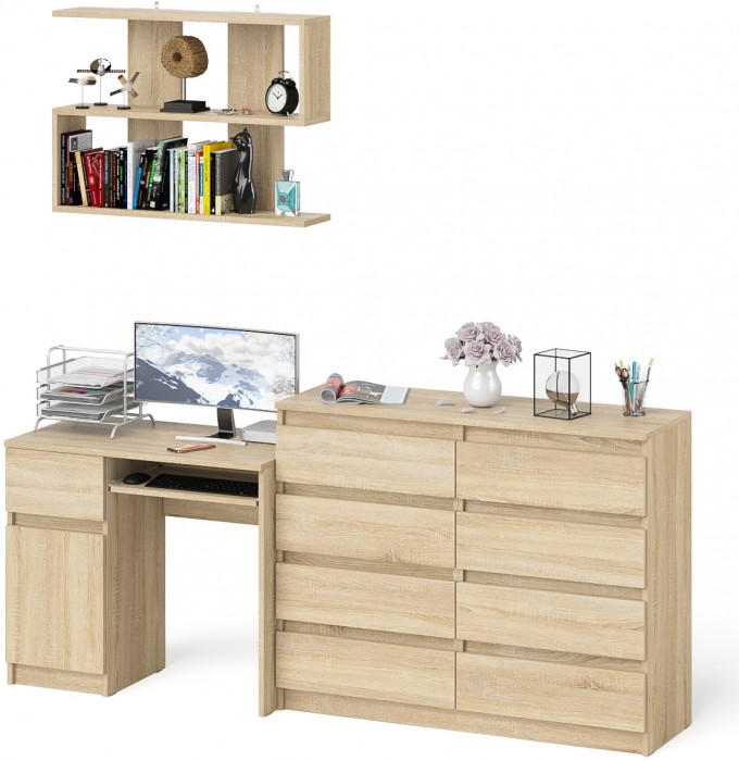 Мори компьютерный стол МС-1 левый + Комод МК1200.8 + Полка 900, дуб сонома