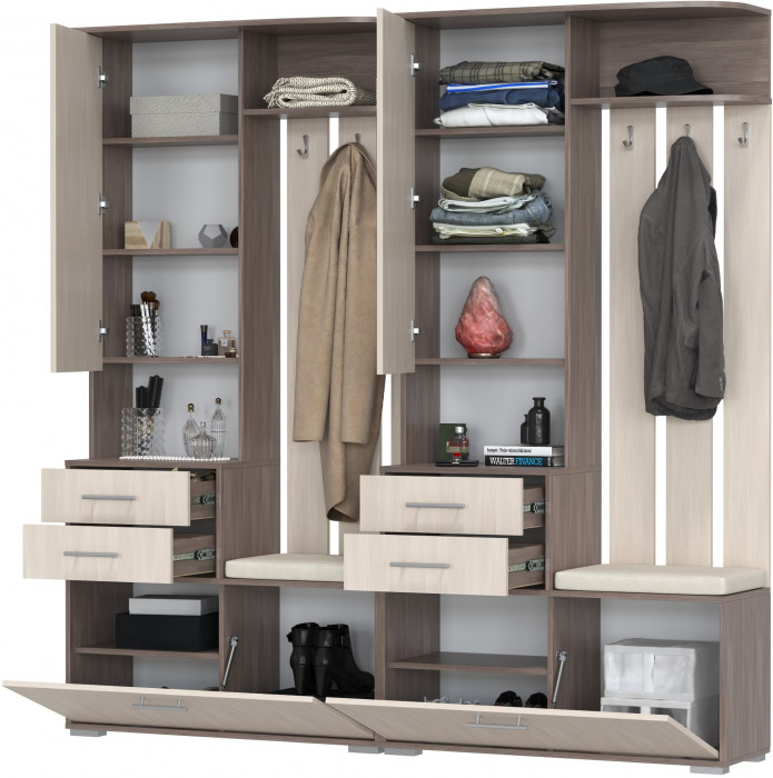Два шкафа с вешалкой Домино 2-3431бод.тем/св, цвет бодега тёмный/бодега светлый, ШхГхВ 200х36х202 см., универсальная сборка