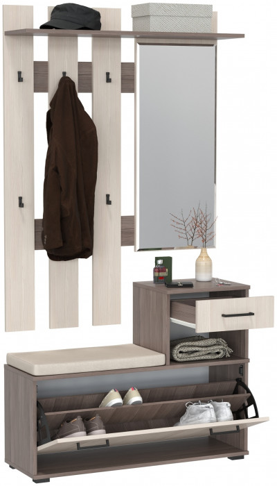 Лира ГК Прихожая 1 2-0714+2-3814 Тумба под обувь + Вешалка с зеркалом, цвет бодега тёмный/бодега светлый, ШхГхВ 100х33х185 см., универсальная сборка