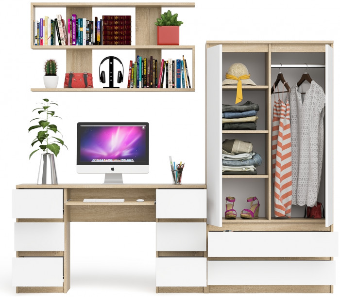 Мори компьютерный стол МС-2 + Шкаф МШ900.1 + Полка 1200, дуб сонома/белый