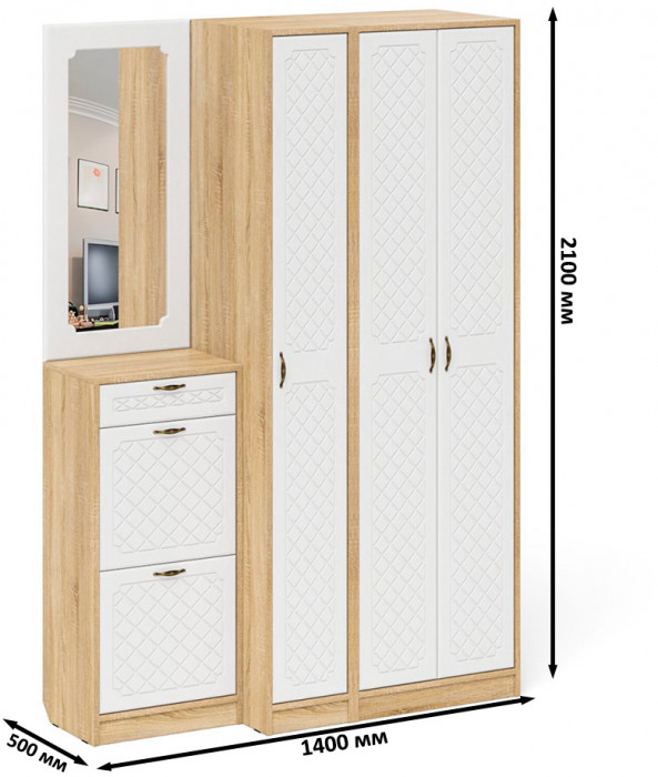 Прихожая П-6 Компоновка № 49, дуб сонома/фасады МДФ белое дерево фрезеровка ромб