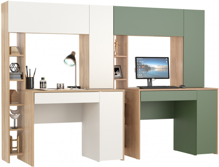 Два стола комп. Комфорт 12.71, дуб сонома/белый/гикори рокфорд натуральный/дымчатый зел.