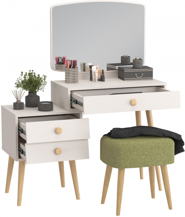 Афина Спальня 4-25901М1к.с. Трюмо + Банкетка 6-5135ТКШзел Полли, цвет кашемир серый/ткань зелёная, ШхГхВ 105х38,6х129 + 44х34х45 см., универс. сб.