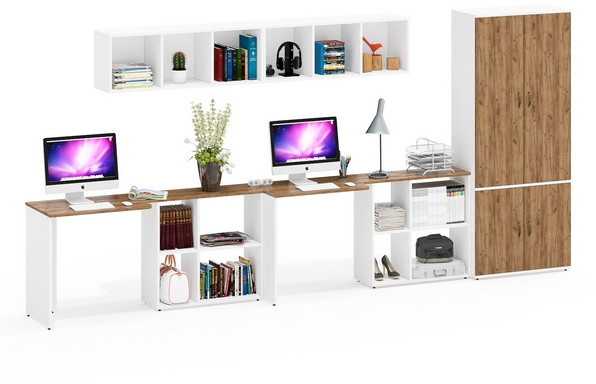 Лидер-8 Стол + Полка + Стол + Полка + Шкаф МД 20Б, цвет белый шагрень/крафт золото, ШхГхВ 410х50/37,5х75/190 или 230х160/50х75/190 см., НЕ ун. сборка