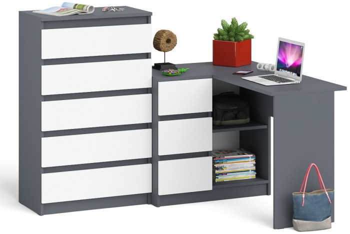 Мори Стол компьютерный МС-16 левый + Комод МК700.5, цвет графит/белый, ШхГхВ 194,8х84,9х114 см., выдвижные ящики слева, НЕ универсальная сборка