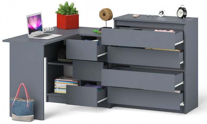 Мори Стол компьютерный МС-16 правый + Комод МК800.4, цвет графит, ШхГхВ 204,8х84,9х94 см., выдвижные ящики справа, НЕ универсальная сборка