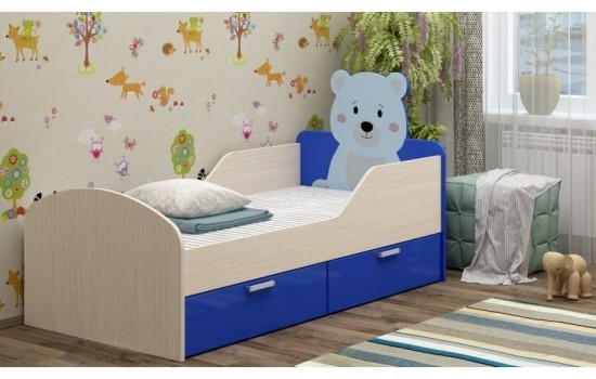 Детская кровать Бемби-5 МДФ с ФП Мишка, синий, 80х160, склад