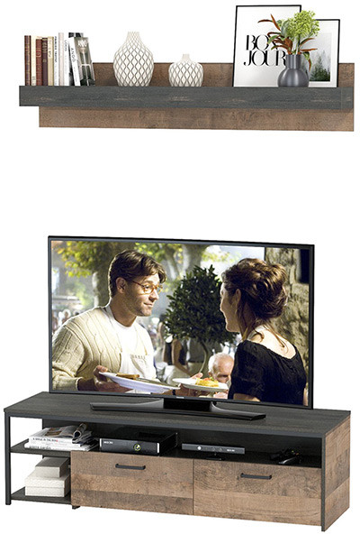 Трувор 13.70 Тумба под ТВ + 15.60 Полка, цвет дуб гранж песочный/интра, ШхГхВ 149,8х45,4х195 см., универсальная сборка
