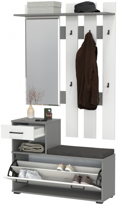 Лира ГК Прихожая 1 2-0714+2-3814 Тумба под обувь + Вешалка с зеркалом, цвет графит/белый, ШхГхВ 100х33х185 см., универсальная сборка