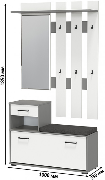 Лира ГК Прихожая 1 2-0714+2-3814 Тумба под обувь + Вешалка с зеркалом, цвет графит/белый, ШхГхВ 100х33х185 см., универсальная сборка