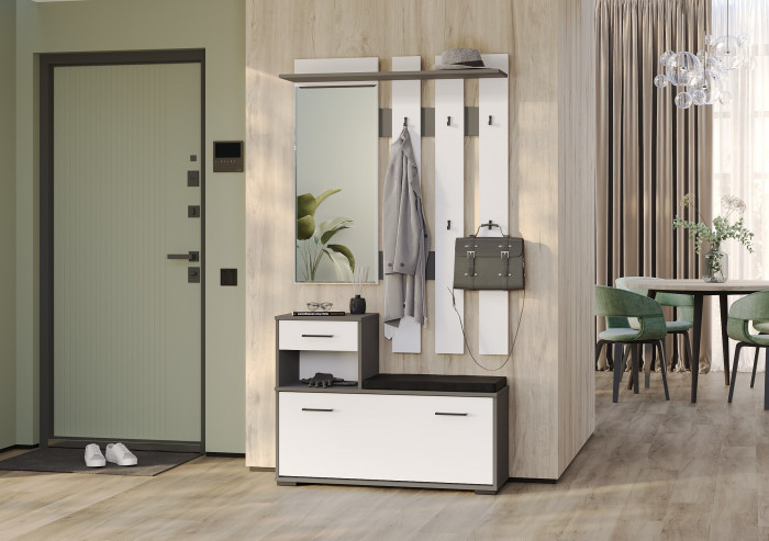 Лира ГК Прихожая 1 2-0714+2-3814 Тумба под обувь + Вешалка с зеркалом, цвет графит/белый, ШхГхВ 100х33х185 см., универсальная сборка