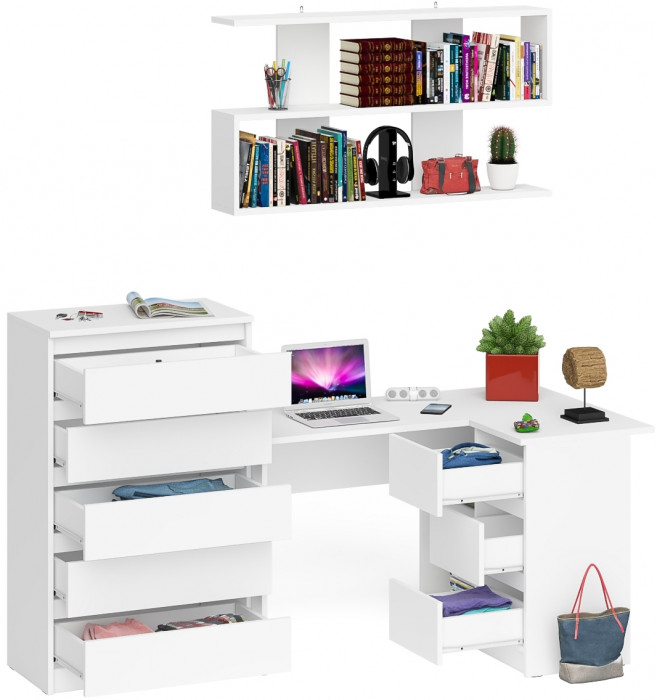Мори компьютерный стол МС-16 правый + Комод МК700.5 + Полка 1200, белый