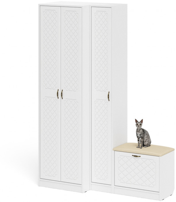 Прихожая П-6 Компоновка № 25, белая шагрень/фасады МДФ белое дерево фрезеровка ромб