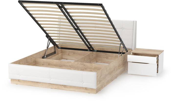 Муссон Кровать 11.28 + подъёмный ортопед + Тумба 16.03, цвет белый/дуб эндгрейн элегантный/кожзам белый, сп. м. 1600х2000 мм., б/м