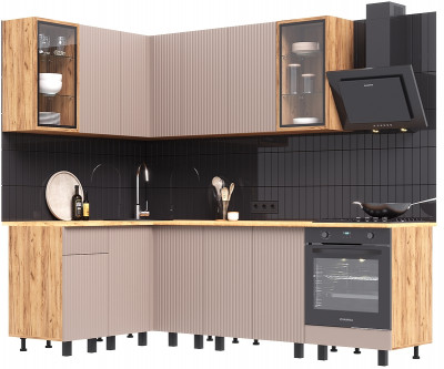 Угловая кухня Оливия NEW 1,4х2,4м, Крафт золотой/Холст латте