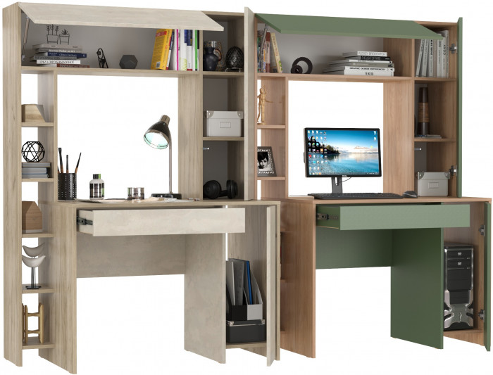 Два стола комп. Комфорт 12.71, дуб крафт серый/шёлковый камень/гикори рокфорд натур./дымчатый зел.