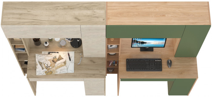 Два стола комп. Комфорт 12.71, дуб крафт серый/шёлковый камень/гикори рокфорд натур./дымчатый зел.