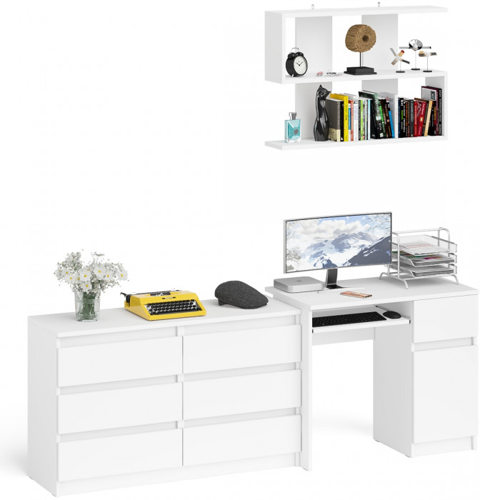 Мори компьютерный стол МС-1 правый + Комод МК1200.6 + Полка 900, белый