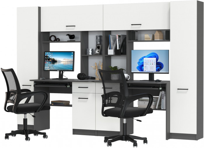 Два стола рабочих 6-0603 Альфа + два кресла 103 чёрных, цвет графит/белый, ШхГхВ 274х61х181 см., универсальная сборка