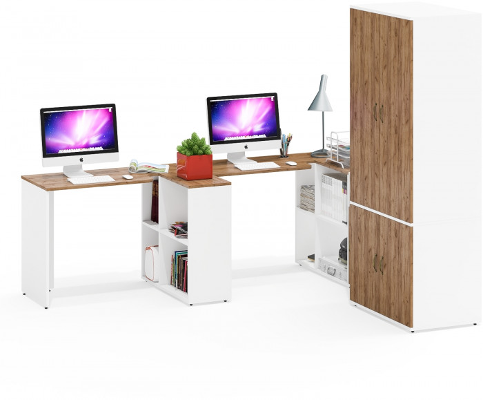 Лидер-8 Стол + Стол + Шкаф МД 19Б + Тумба МД 3.19, цвет белый шагрень/крафт золото, ШхГхВ 450х50х75/190 или 230х200/50х75/190 см., НЕ ун. сб.