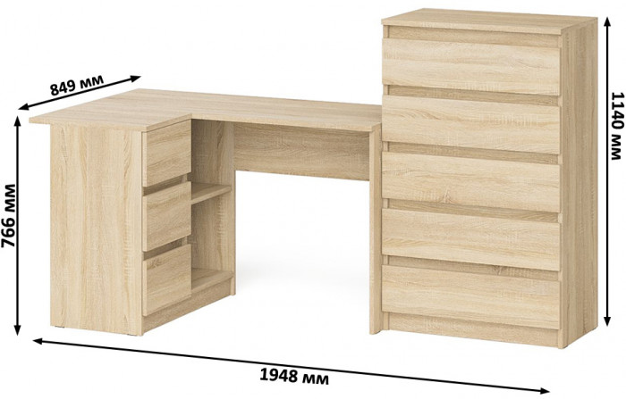 Мори Стол компьютерный МС-16 левый + Комод МК700.5, цвет дуб сонома, ШхГхВ 194,8х84,9х114 см., выдвижные ящики слева, НЕ универсальная сборка