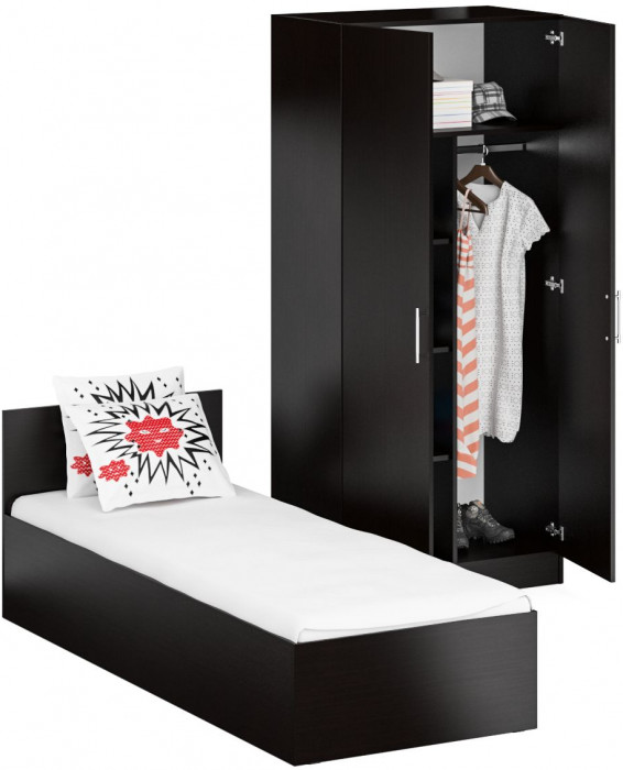 Кровать 0800 + Шкаф 2-х створчатый Стандарт, цвет венге, ШхГхВ 83,5х203,5х70 + 90х52х200 см., сп.м. 800х2000 мм., без матраса, основание есть