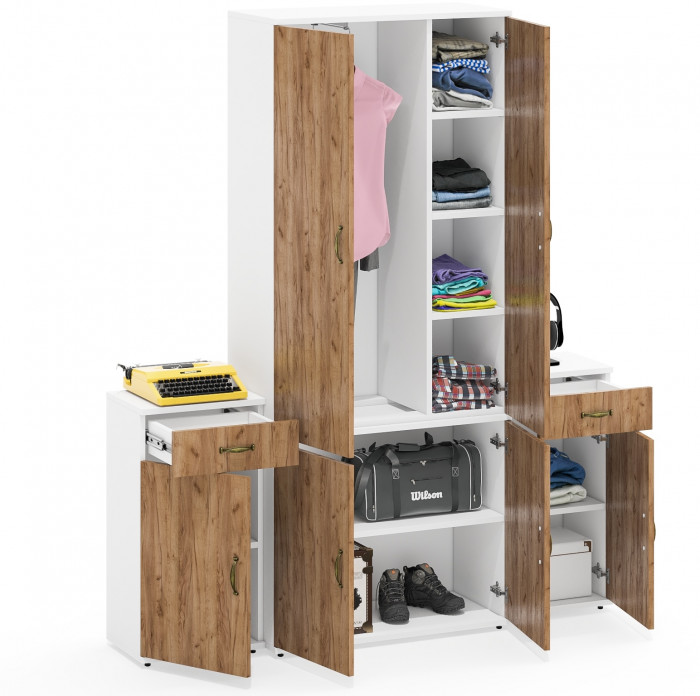 Лидер-8 Шкаф МД 20Б + Тумба МД 3.15 + Тумба МД 3.15, цвет белый шагрень/крафт золото, ШхГхВ 160х37,5х190 см., НЕ универсальная сборка