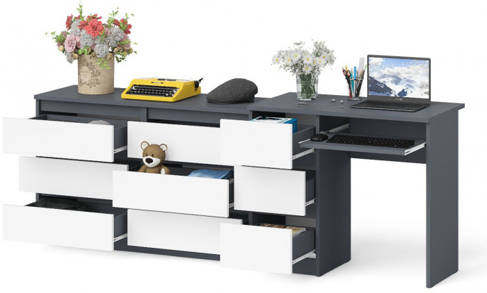 Мори Стол компьютерный МС-6 левый + Комод МК1200.6, цвет графит/белый, ШхГхВ 210,4х50х76,6 см., выдвижные ящики слева, НЕ универсальная сборка