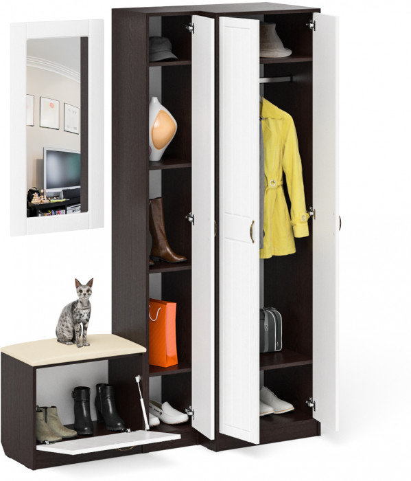 Прихожая П-6 Компоновка № 26, цвет венге/фасады МДФ белое дерево фрезеровка прованс, ШхГхВ 150х50х210 см., универсальная сборка