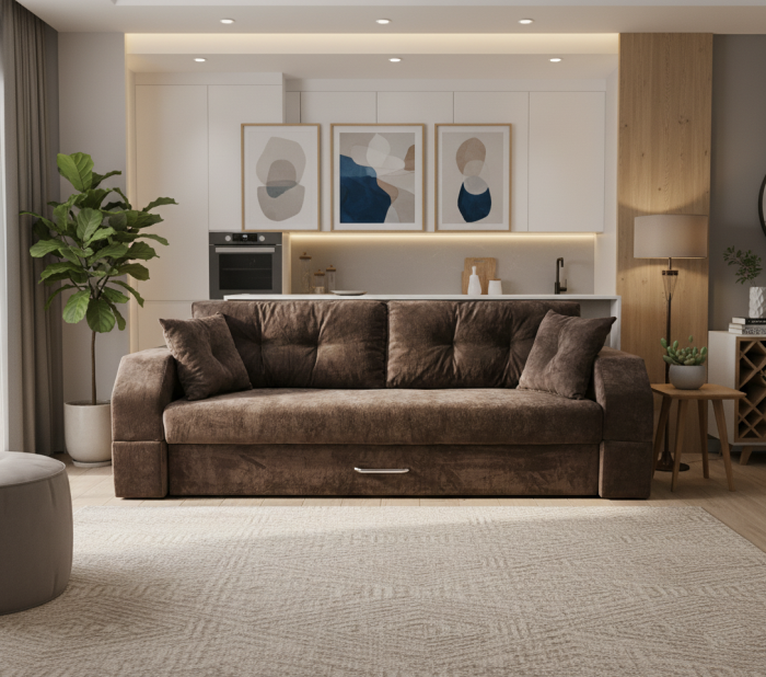 Диван-еврокнижка Манчестер, пружинный блок, 150х195, подсветка, велюр коричневый