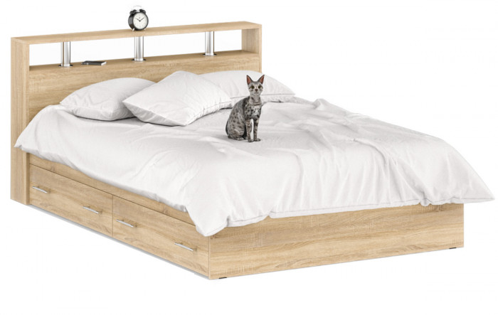 Камелия спальня № 8 Кровать с ящиками 1400 + Две тумбы + Шкаф 4-х створчатый, дуб сонома