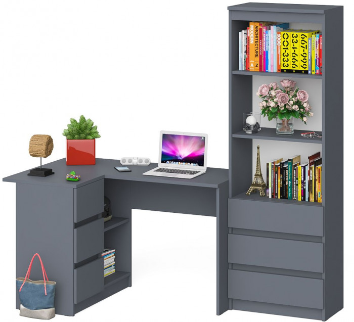 Мори компьютерный стол МС-16 левый + Стеллаж МСТ600.3, графит