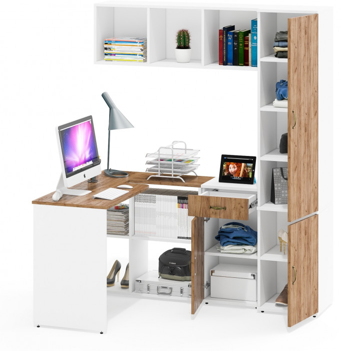 Лидер-8 Стол + Полка + Тумба МД 3.15 + Пенал МД 22Б, цвет белый шагрень/крафт золото, ШхГхВ 245х50/37,5х75/190 или 115х160/50х75/190 см., НЕ ун. сб.