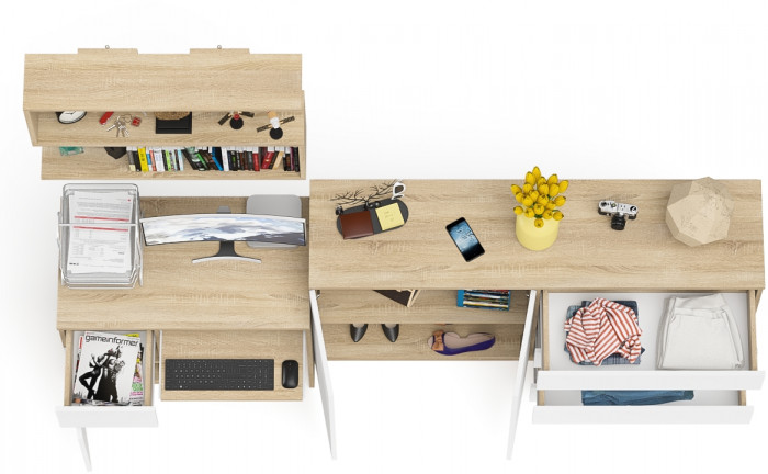 Мори Стол компьютерный МС-1 левый + Комод МК1600.1 + Полка 900, цвет дуб сонома/белый, ШхГхВ 250,4х50х209,6 см., НЕ универсальная сборка