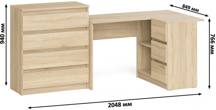 Мори Стол компьютерный МС-16 правый + Комод МК800.4, цвет дуб сонома, ШхГхВ 204,8х84,9х94 см., выдвижные ящики справа, НЕ универсальная сборка