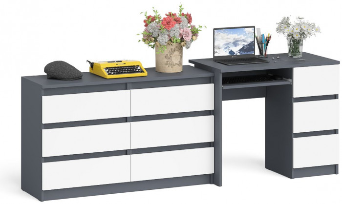 Мори Стол компьютерный МС-6 правый + Комод МК1200.6, цвет графит/белый, ШхГхВ 210,4х50х76,6 см., выдвижные ящики справа, НЕ универсальная сборка