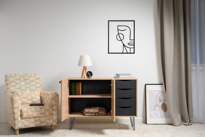 Брюс Комод-тумба 16.233, цвет чёрный/Battle rock Santiago, ШхГхВ 113,4х38,3х85,6 см., универсальная сборка, две дверки и четыре выдвижных ящика